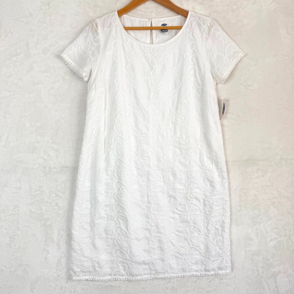 NEW OLD NAVY Embroidered Coastal Resort Summer Cotton Lined Shift Dress S White